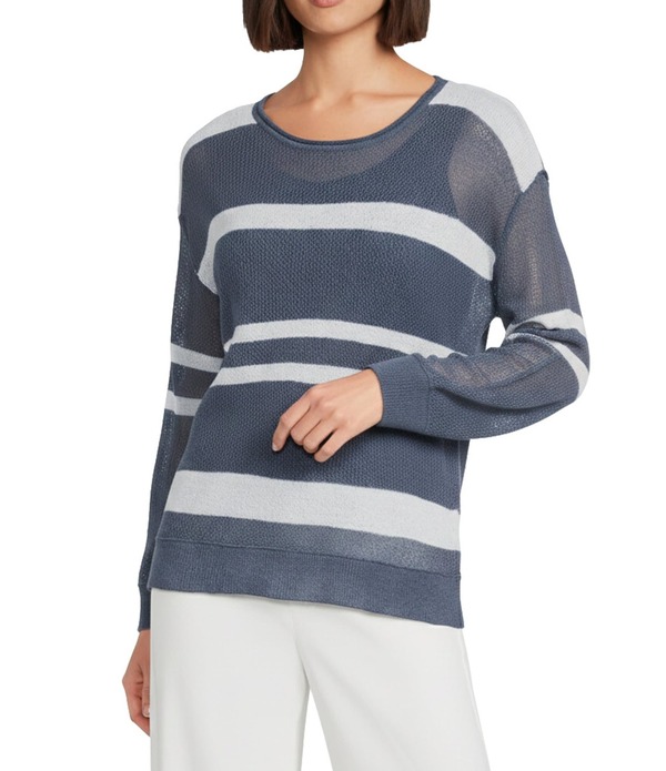酉の方角跳ねかえる レディース トップス ティーシャツ 労働者の一団のど首 肋材 Westbound 3/4 Sleeve Crochet Crew Neck Ribbed Top Vintage Indigo インディゴ
