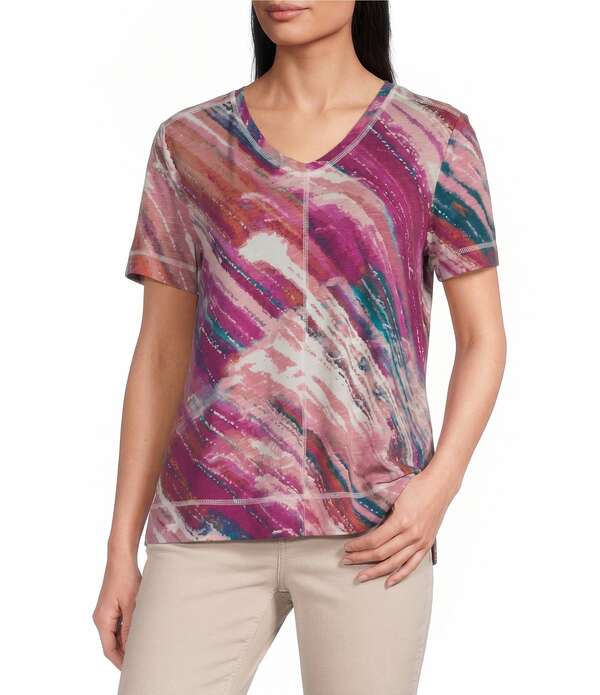 酉の方角刎ね上がる レディース トップス ティーシャツ Vのど首 刷り上げる Westbound Bias Beam Print Short Sleeve V-Neck Top Bias Beam