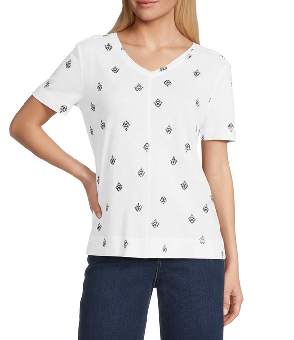酉の方角刎ね上がる レディース トップス ティーシャツ Vのど首 刷り上げる Westboundistressed Foulard Print Short Sleeve V-Neck Top Distressed Foulard