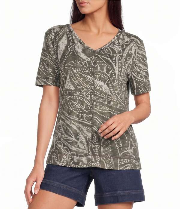 酉の方角刎ね上がる レディース トップス ティーシャツ Vのど首 刷り上げる Westboundotted Vines Print Short Sleeve V-Neck Top Dotted Vines