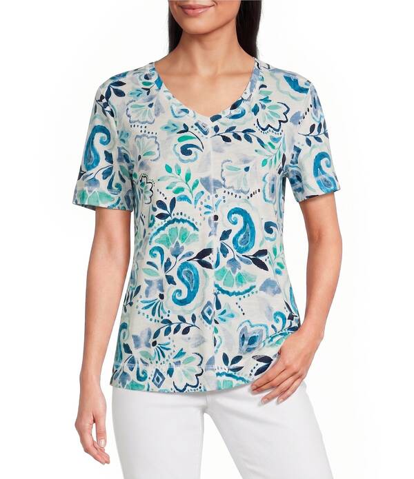 酉の方角刎ね上がる レディース トップス ティーシャツ Vのど首 御花柄 刷り上げる 御花 Westbound Floral Filagre Print Short Sleeve V-Neck Top Floral Filagre
