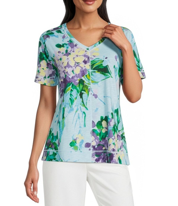 酉の方角刎ね上がる レディース トップス ティーシャツ Vのど首 刷り上げる Westbound Bouquet Bloom Print Short Sleeve V-Neck Top Meadow Brook Bouquet Bloom
