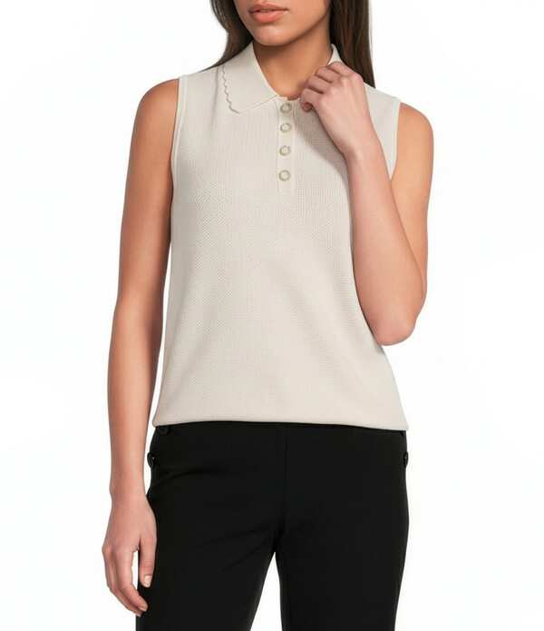 長い巻き毛 ラガーフェルド レディース トップス ティーシャツ ノースリーブ 編み物 KARLAGERFELD PARIS Knit Point Collar Sleevelesscallop Trim Top Bisque