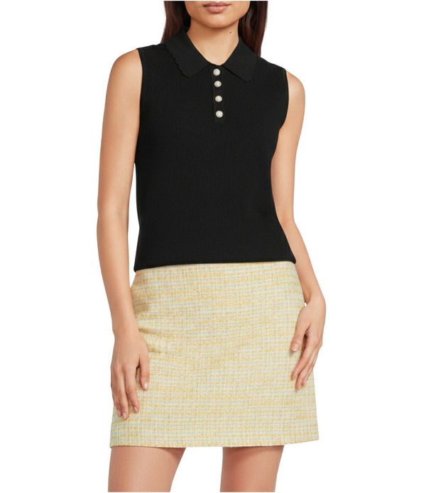長い巻き毛 ラガーフェルド レディース トップス ティーシャツ ノースリーブ 編み物 KARLAGERFELD PARIS Knit Point Collar Sleevelesscallop Trim Top Black 黒いこと