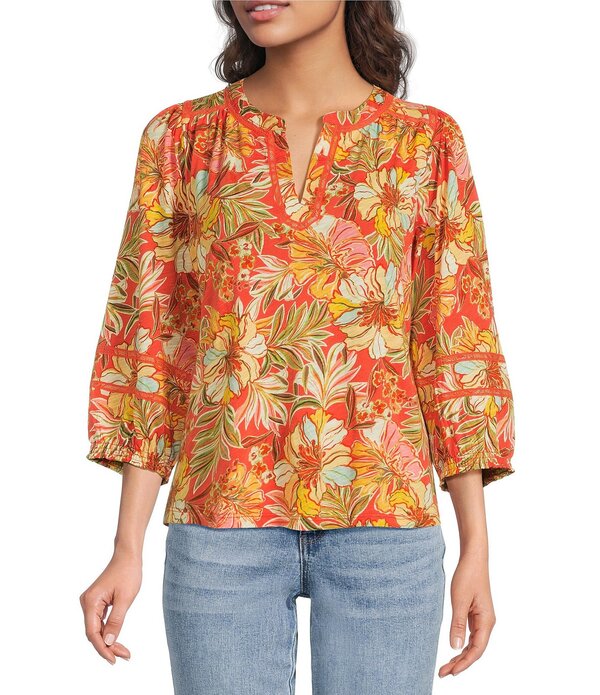 民権主義 レディース トップス プルオーバー Vのど首 御花柄 編み物 御花 Democracy Floral Knit Mandarin Split V-Neck 3/4 Blouson Sleeve Shirt Deep Coral Multi コーラル