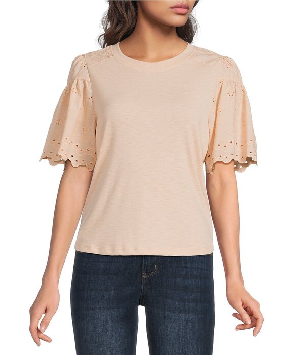 民権主義 レディース トップス プルオーバー 刺しゅう 編み物 Democracy Mixed-Media Embroidered Short Sleeve Knitopeach Parfait 桃