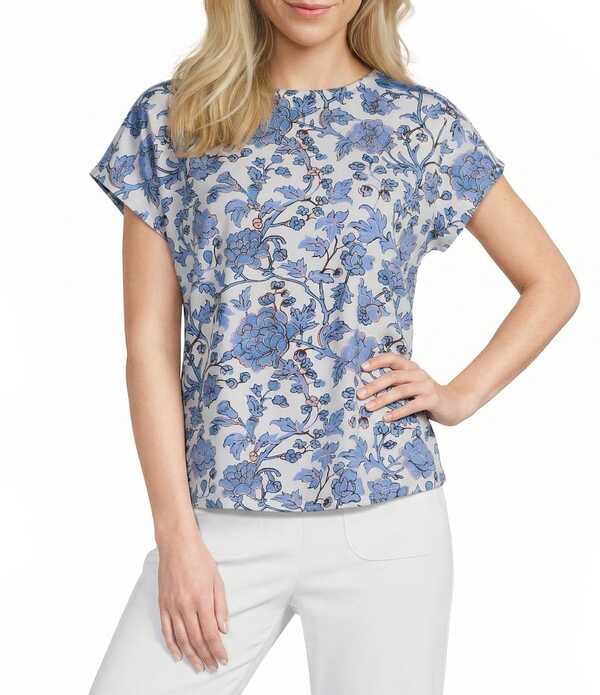 インベストメンツ レディース トップス ティーシャツ 刷り上げる 旗がしら 編み物 Investments Vista Blue Sky Bloom Print Cap Sleeve Boat Neck Rory Knitee Vista Blue Sky Bloom 青碧