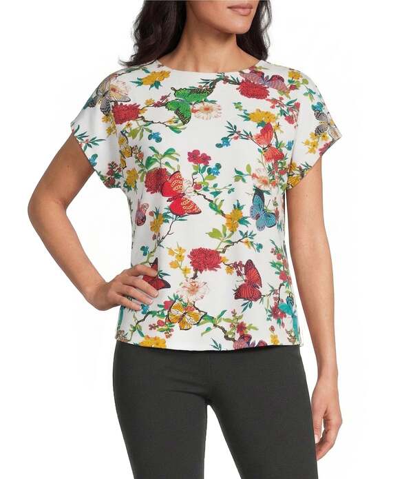 インベストメンツ レディース トップス ティーシャツ 御花柄 刷り上げる 旗がしら 編み物 御花 Investments Multi Floral Butterfly Print Cap Sleeve Boat Neck Rory Knitee Multi Floral Butterfly マルチ色つや