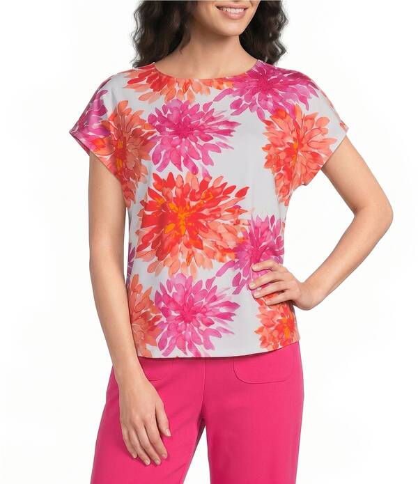 インベストメンツ レディース トップス ティーシャツ 刷り上げる 旗がしら 編み物 Investments Magenta Chrysanthemum Print Cap Sleeve Boat Neck Rory Knitee Magenta Chrysanthemum マゼンタ