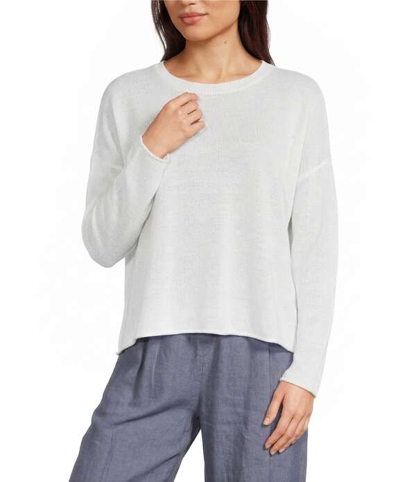エイリーンフィッシャー レディース トップス プルオーバー 労働者の一団のど首 編み物 リネン Eileen Fisher Organic Linen Blend Knit Crew Neck Long Sleeve Top White 白いこと