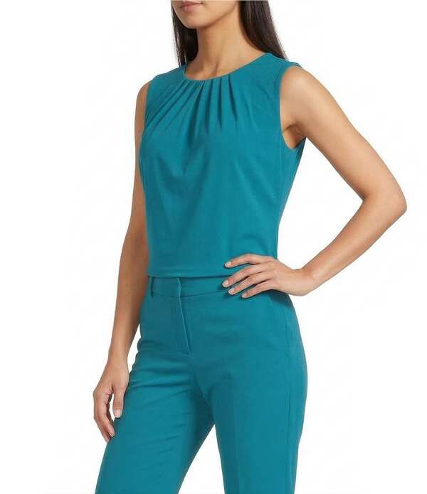 カルバンクライン レディース トップス シャツ クルーネック プリーツ ノースリーブ ニット ジャージー Calvin Klein Jersey Knit Pleated Crew Neck Sleeveless Cami Petrol｜ReVida 店 9,571円