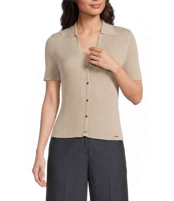 カルバンクライン レディース トップス プルオーバー 編み物 Calvin Klein Knit Point Collar Short Sleeve Button Frontop Latte