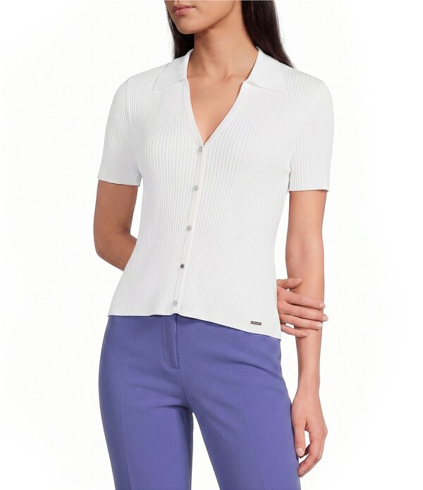 カルバンクライン レディース トップス プルオーバー 編み物 Calvin Klein Knit Point Collar Short Sleeve Button Frontop White 白いこと
