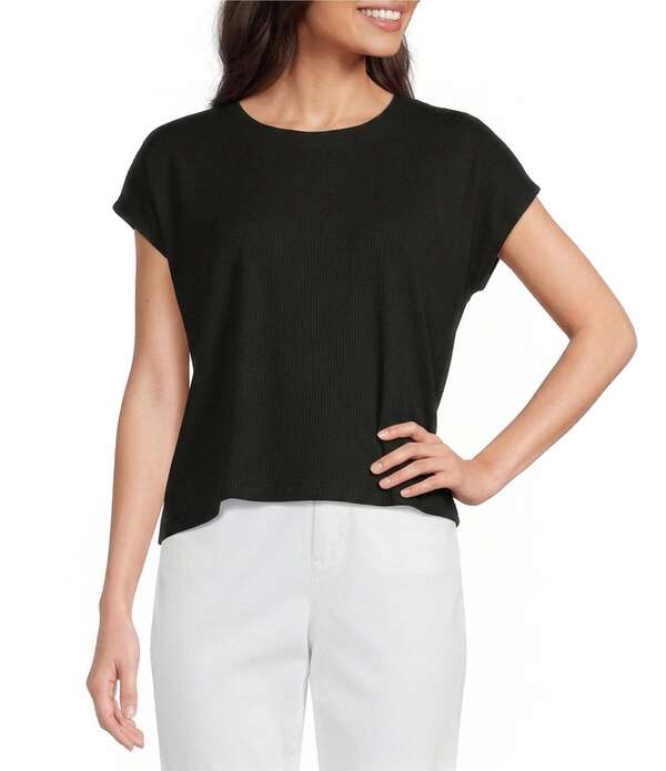 エイリーンフィッシャー レディース トップス Tシャツ クルーネック リブ クロップド キャップ ニット Eileen Fisheribbed Knit Crew Neck Cap Sleeve Cropped Top Black ブラック｜ReVida 店