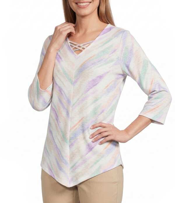 アリソン デイリー レディース トップス プルオーバー V素っ首 編み物 Allison Daley Multi Brush Stripe 3/4 Sleeve Crisscross V-Necknitop Multi Brush Stripe マルチ色つや