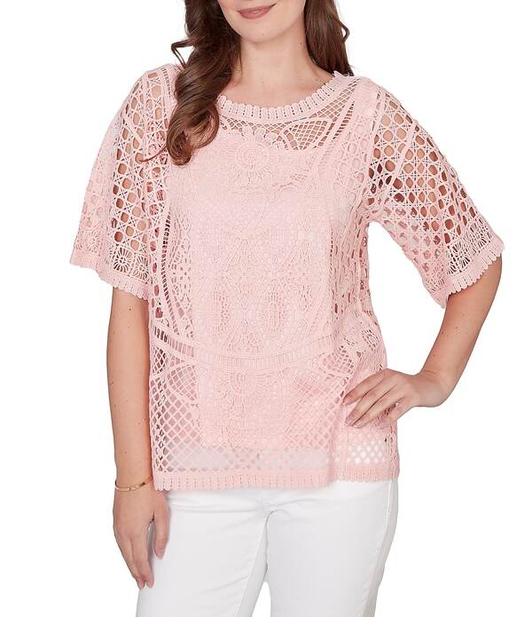 ルビーアールディー レディース トップス プルオーバー スピード競技 編み物 Ruby Rd. Lace Layered Tonal Tank Open-Worknitop Light Rose