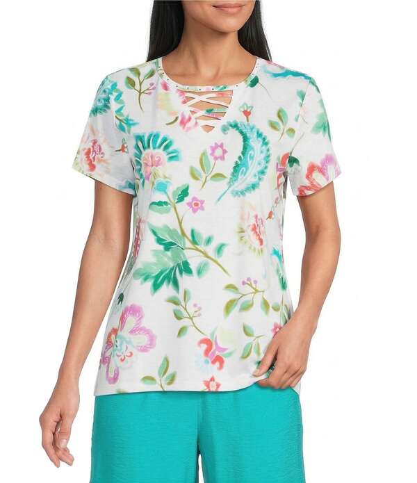 アリソン デイリー レディース トップス プルオーバー V素っ首 御花柄 編み物 御花 Allison Daley Demask Floral Rainbow Embellished Short Sleeve Crisscross V-Necknitop Multi Demask Rainbow マルチ色つや
