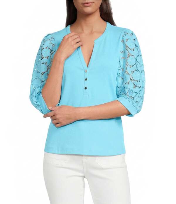 リリーピュリッツァー レディース トップス ティーシャツ 編み物 Lilly Pulitzeronson Eyelet Knit Notch Neck Elbow Sleeve Top Capri Blue 青碧