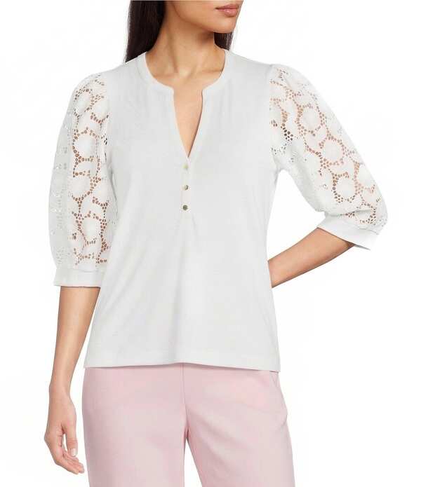 リリーピュリッツァー レディース トップス Tシャツ ニット Lilly Pulitzeronson Eyelet Knit Notch Neck Elbow Sleeve Top Resort White ホワイト|ReVida 店