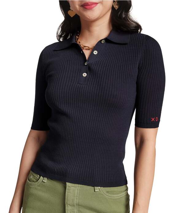 フランセスバレンタイン レディース トップス プルオーバー リブニット スポーツシャツ 編み物 FRANCES VALENTINE Krissy Rib Knit Elbow Sleeve Polo Top Navy 米国海軍