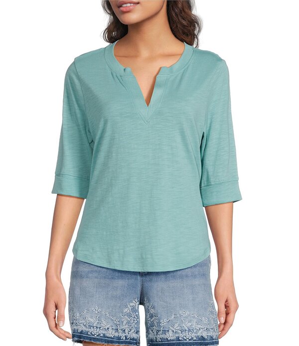 民本主義 レディース トップス ティーシャツ Vのど首 編み物 Democracy Knit Split V-Neck Elbow Sleeve Top Aqua アクア