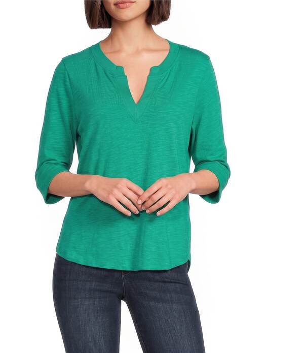 民本主義 レディース トップス ティーシャツ Vのど首 編み物 Democracy Knit Split V-Neck Elbow Sleeve Top Deep Jade