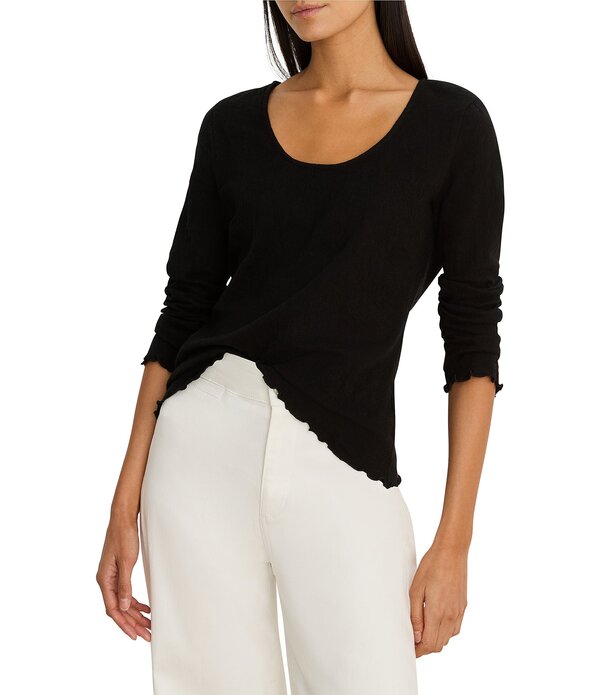 ニックアンドゾー レディース トップス ティーシャツ スピード競技 編み物 NIC + ZOE Stretch Lace Knit Scoop Neck Bracelet Sleeve Scalloped Trim Tee Black Onyx 黒いこと