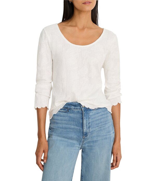 ニックアンドゾー レディース トップス ティーシャツ スピード競技 編み物 NIC + ZOE Stretch Lace Knit Scoop Neck Bracelet Sleeve Scalloped Trim Tee Paper White 白いこと