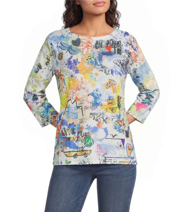 蟻 マイルス レディース トップス プルオーバー 労働者の一団のど首 編み物 Ali Miles Knit Graffiti Doodle Abstract Crew Neck 3/4 Sleeve High-Low Top Multi マルチ色合い