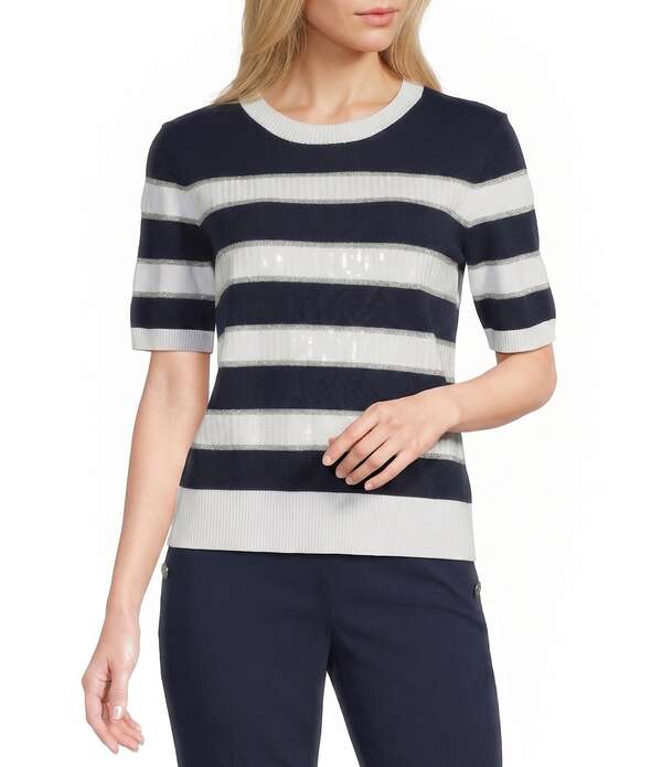 長い巻き毛 ラガーフェルド レディース トップス プルオーバー 肋材 編み物 KARLAGERFELD PARIS Ribbed Knit Striped Round Neck Short Sleeve Top Naval Academy/Soft White 白いこと
