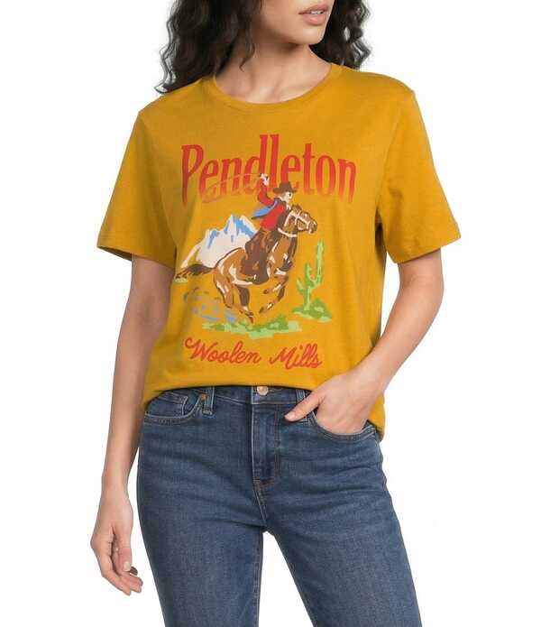 ペンドルトン レディース トップス ティーシャツ 労働者の一団のど首 編み物 グラフィック Pendleton Knit Crew Neck Short Sleeve Western Graphic Tee Old Gold ゴールド