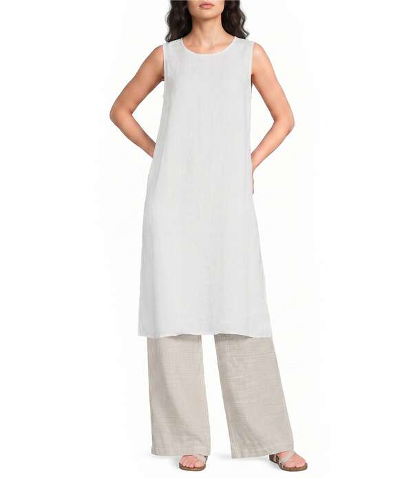 エイリーンフィッシャー レディース トップス シャツ サイドスリット ノースリーブ リネン Eileen Fisher Organic Linen Round Neck Sleevelesside Slitunic White ホワイト|ReVida 店