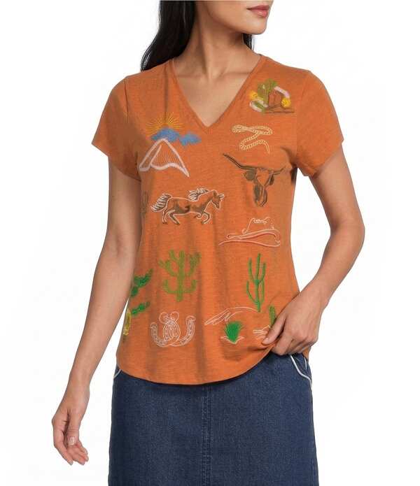 生き肝 レディース トップス プルオーバー Vのど首 刺しゅう 編み物 プルオーバー Reba Lily Knit Jersey V-Neck Short Sleeve Western Embroidered Shirt Orange オレンジ色