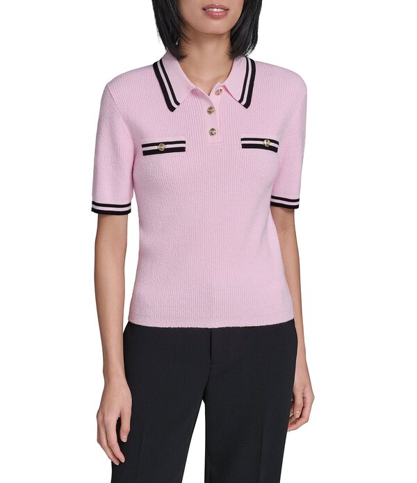 長い巻き毛 ラガーフェルド レディース トップス プルオーバー スポーツシャツ 編み物 KARLAGERFELD PARIS Knit Point Collar Short Sleeve Polo Top Ballet Slipper