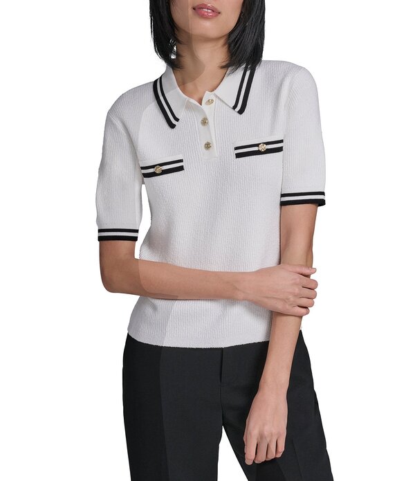 長い巻き毛 ラガーフェルド レディース トップス ティーシャツ スポーツシャツ 編み物 KARLAGERFELD PARIS Knit Point Collar Short Sleeve Polo Top Soft White/Black 白いこと