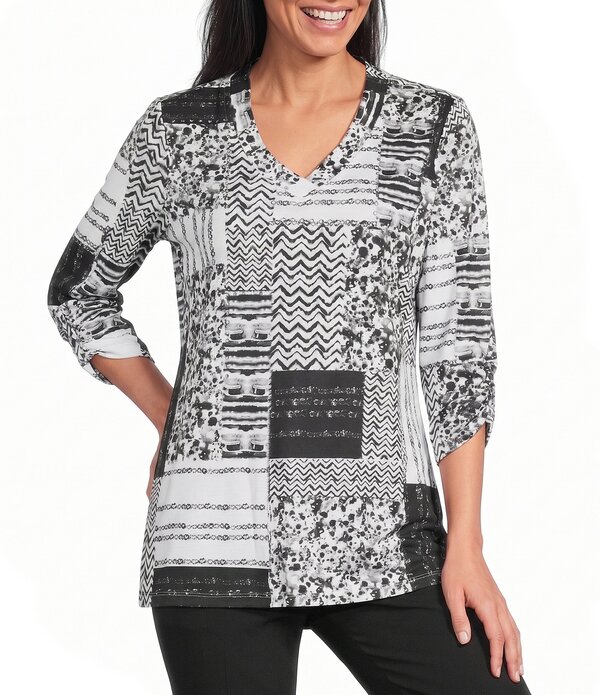 アリソン デイリー レディース トップス Tシャツ Vネック プリント パッチワーク ニット Allison Daley Texture Patchwork Print 3/4 Sleeve V-Necknitop Black/Whitexture Print ホワイト｜ReVida 店
