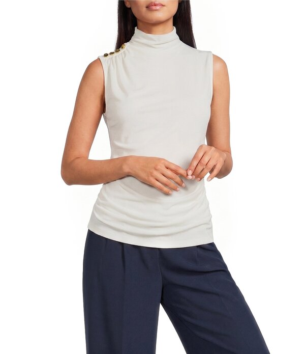 ダナキャラン レディース トップス プルオーバー モックネックレープ ノースリーブ プルオーバー Donna Karan Crepe Jersey Mock Neck Sleeveless Button Shoulder Cami Cream 皮膚軟化剤