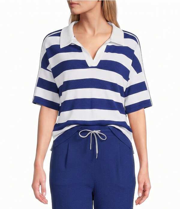 酉の方角跳ねあがる レディース トップス プルオーバー スポーツシャツ Westbound Short Sleeve Collared Polo Top Blue/White 白いこと