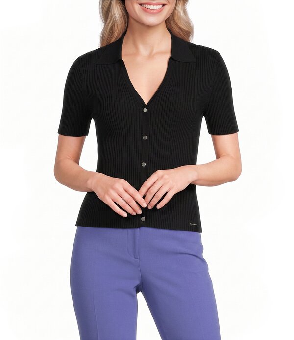 カルバンクライン レディース トップス プルオーバー Vのど首 編み物 Calvin Klein Knit Collared V-Neck Short Sleeve Button-Frontop Black 黒いこと