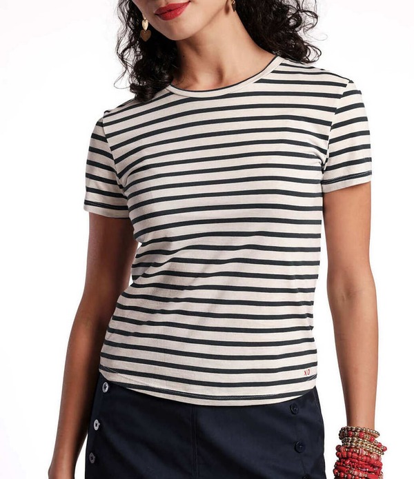 フランセスバレンタイン レディース トップス ティーシャツ 労働者の一団のど首 刷り上げる Frances Valentine Stripe Print Super Crew Neck Short Sleeve Tee Oyster/Black 黒いこと