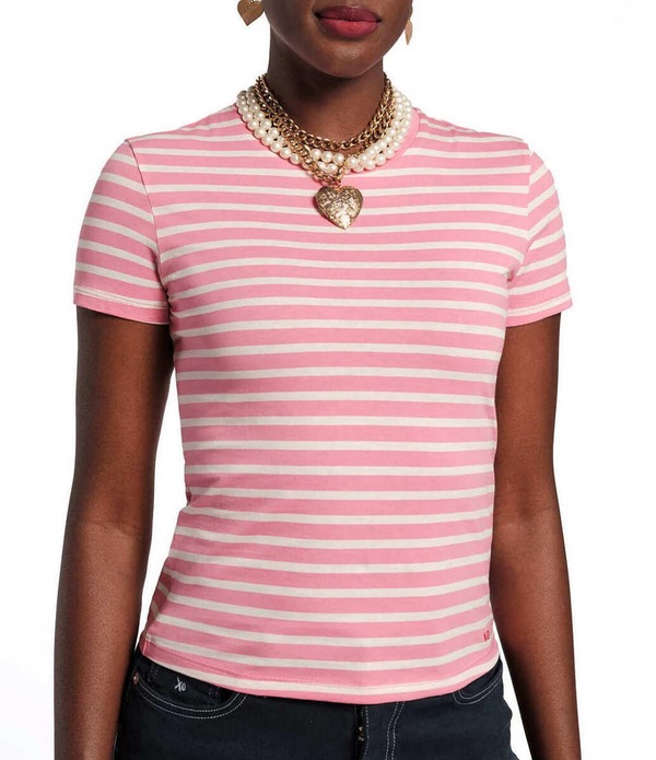 フランセスバレンタイン レディース トップス ティーシャツ 労働者の一団のど首 刷り上げる Frances Valentine Stripe Print Super Crew Neck Short Sleeve Tee Pink/Oyster さくら色
