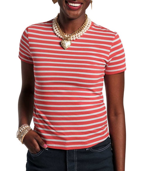 フランセスバレンタイン レディース トップス ティーシャツ 労働者の一団のど首 刷り上げる Frances Valentine Stripe Print Super Crew Neck Short Sleeve Tee Red/Light Blue 青碧