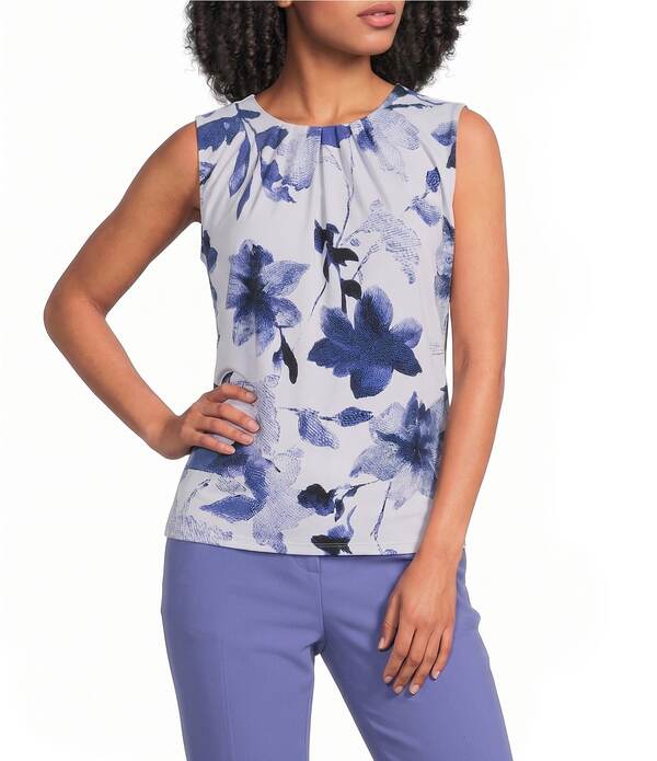 カルバンクライン レディース トップス シャツ クルーネック フラワー柄 プリーツ ノースリーブ ニット ジャージー フラワー Calvin Klein Knit Jersey Floral Pleated Crew Neck Sleeveless Cami Future Dusk｜ReVida 店