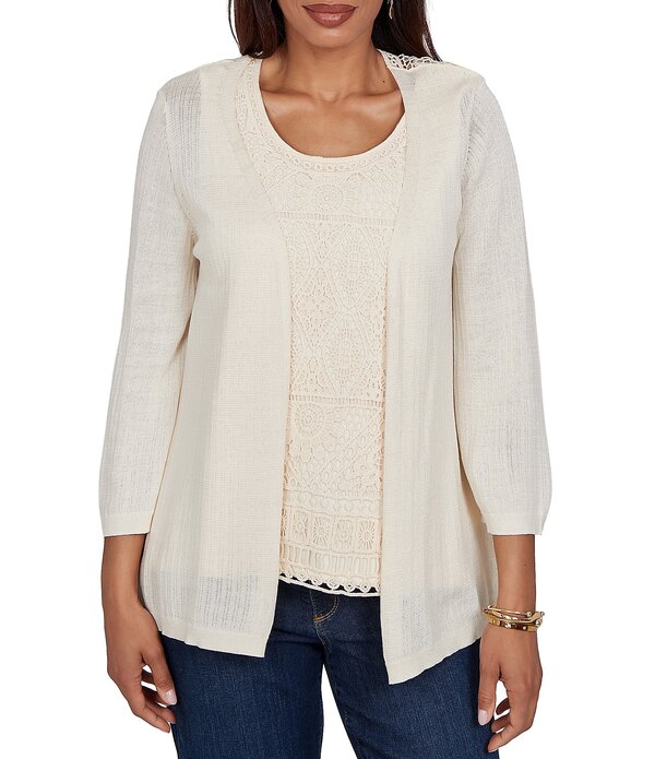 ルビーアールディー レディース トップス プルオーバー ジレー スピード競技 編み物 Ruby Rd. Mixed Knit 3/4 Sleeve Crochet Lace Open-Front Coordinating Cardiganatural