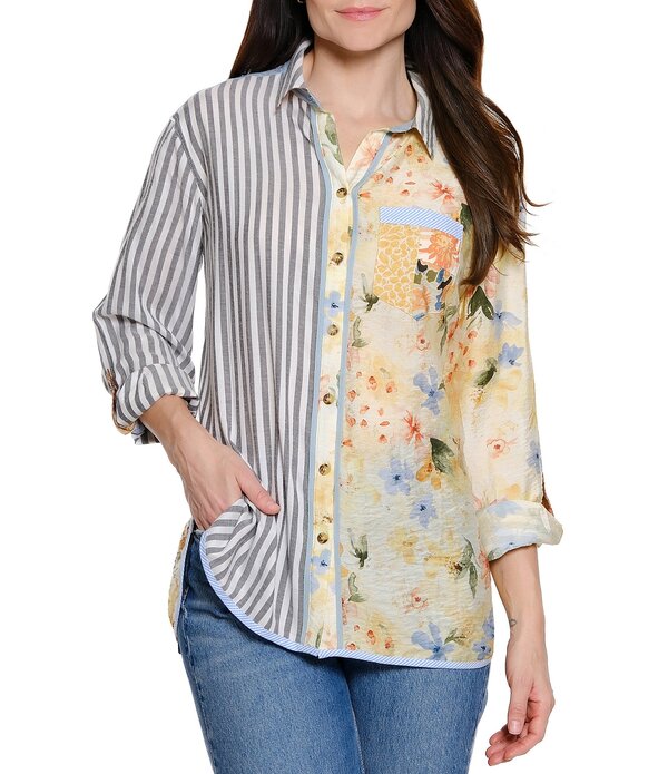 ジョン マーク レディース トップス シャツ フラワー柄 プリント パッチワーク フラワー John Mark Stripe Patchwork Floral Mixed Print Point Collar Long Roll-Tab Sleeve Button Front Shirt Multi マルチカラー｜ReVida 店