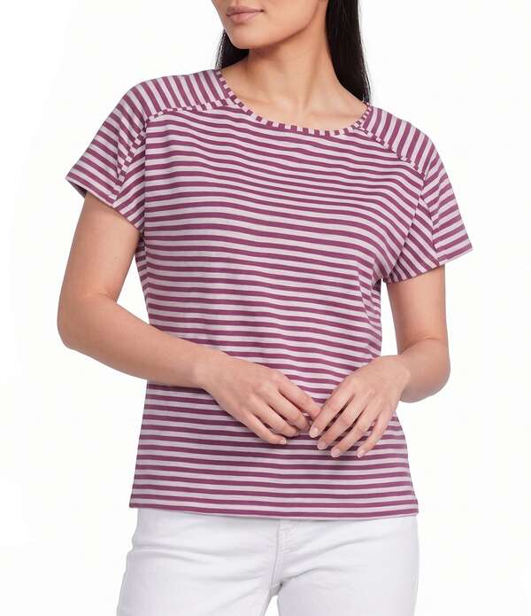 酉の方角刎ね上がる レディース トップス ティーシャツ 労働者の一団のど首 Westbound Short Sleeve Crew Neck Topink Polo Stripe さくら色