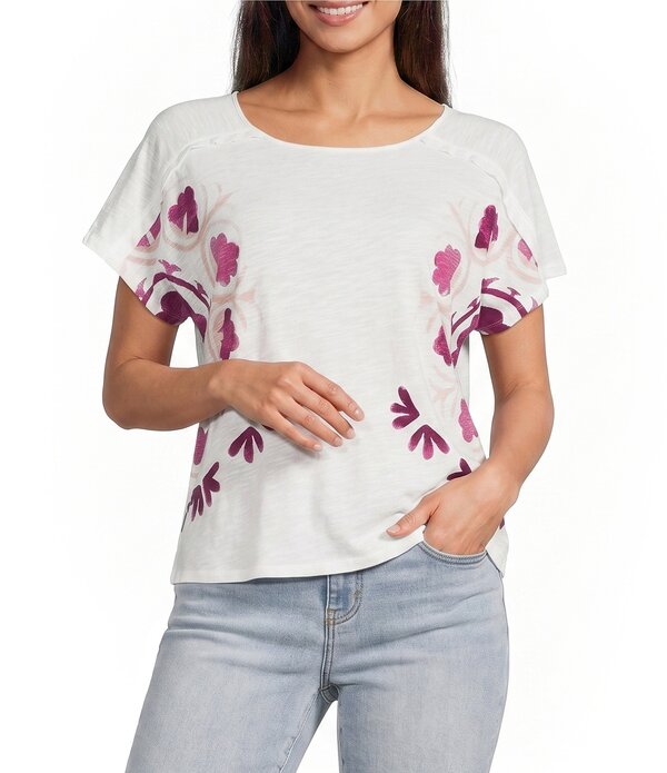 酉の方角刎ね上がる レディース トップス ティーシャツ 労働者の一団のど首 Westbound Short Sleeve Crew Neck Top Spade Floral