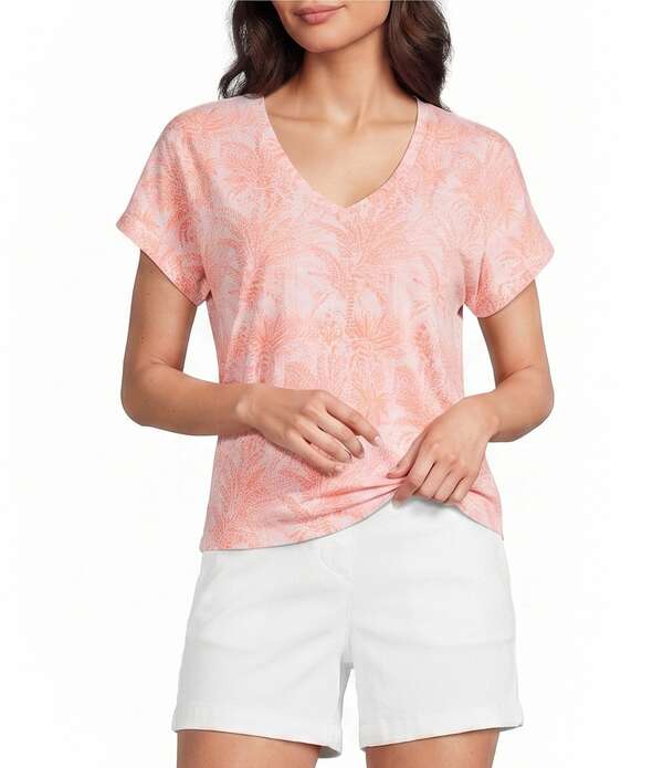 トッミーバハマ レディース トップス プルオーバー Vのど首 Tommy Bahama Kauai Palm Bay V-Neck Short Rolled Cuff Sleeve Tee Crystal Rose