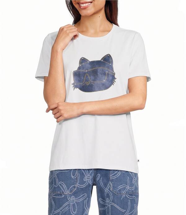 カール ラガーフェルド レディース トップス Tシャツ クルーネック デニム ニット KARLAGERFELD PARIS Knit Denim Choupette Cat Crew Neck Short Sleeve Tee White ホワイト｜ReVida 店 14,896円