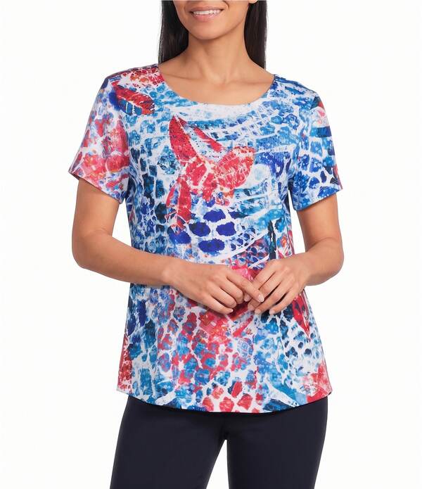 アリソン デイリー レディース トップス Tシャツ クルーネック アニマル柄 プリント Allison Daley Multi Animal Print Short Sleeve Crew Neck Top Multi Animal マルチカラー｜ReVida 店